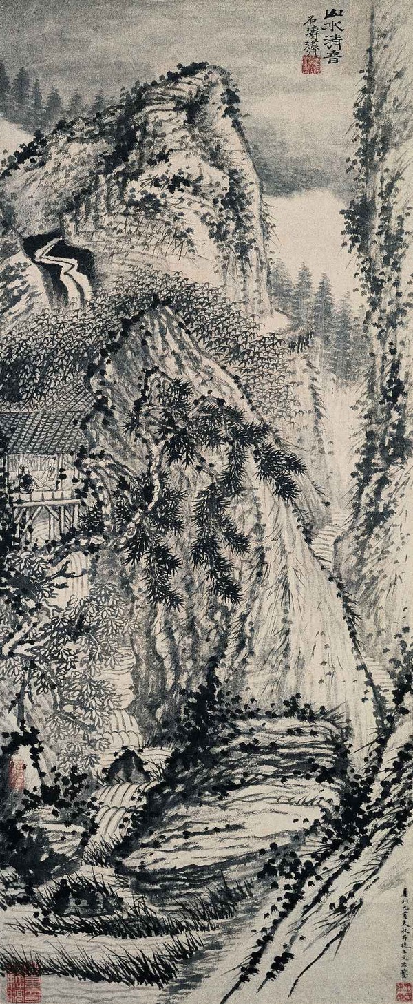 清-石涛《山水清音图》，立轴，水墨纸本，102.5x42.4厘米。上海博物馆藏