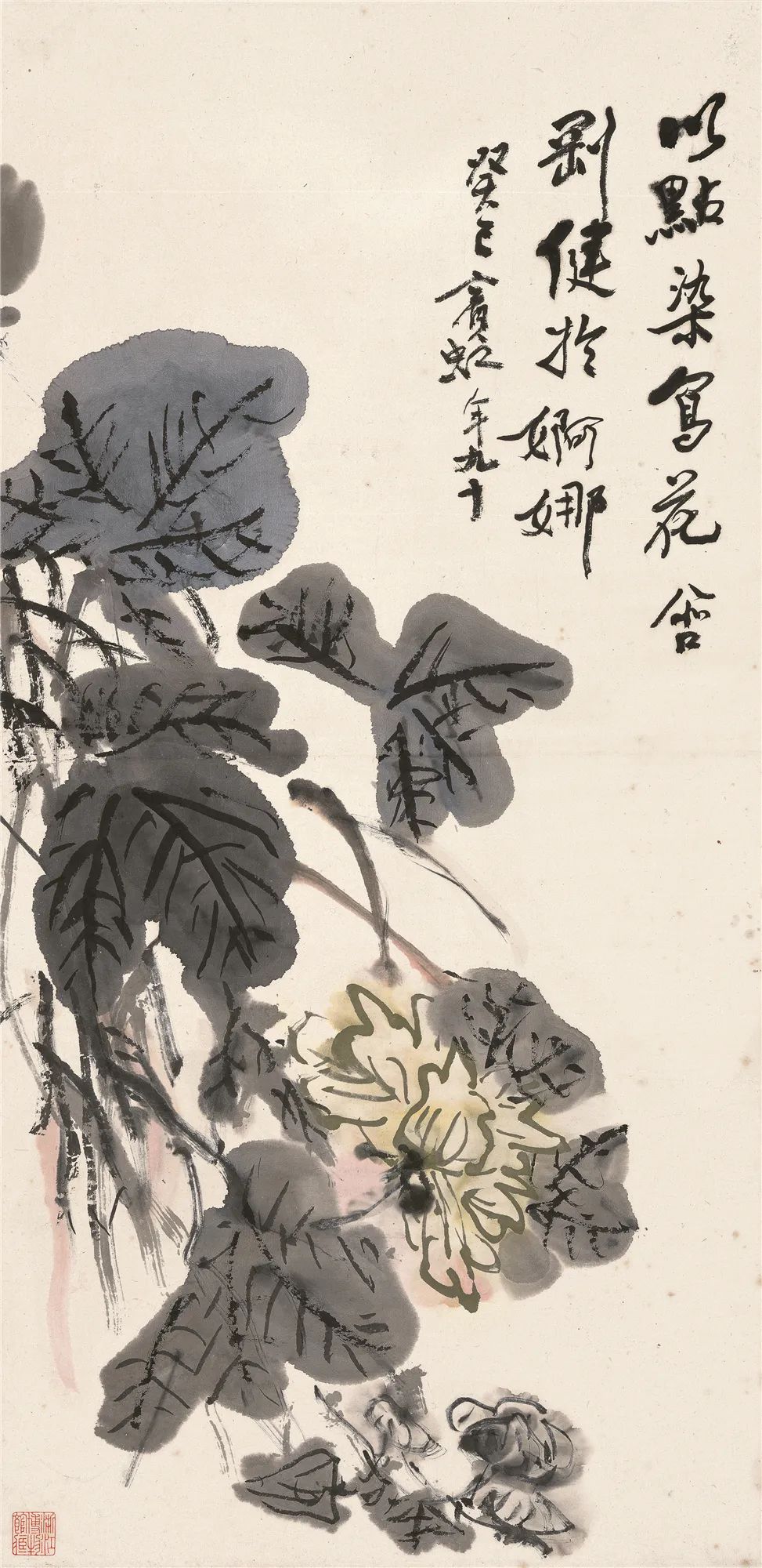 芙蓉 黄宾虹  68.5×33.2cm 1953年 浙江省博物馆藏 题识：以点染写花，含刚健于婀娜。癸巳宾虹年九十。