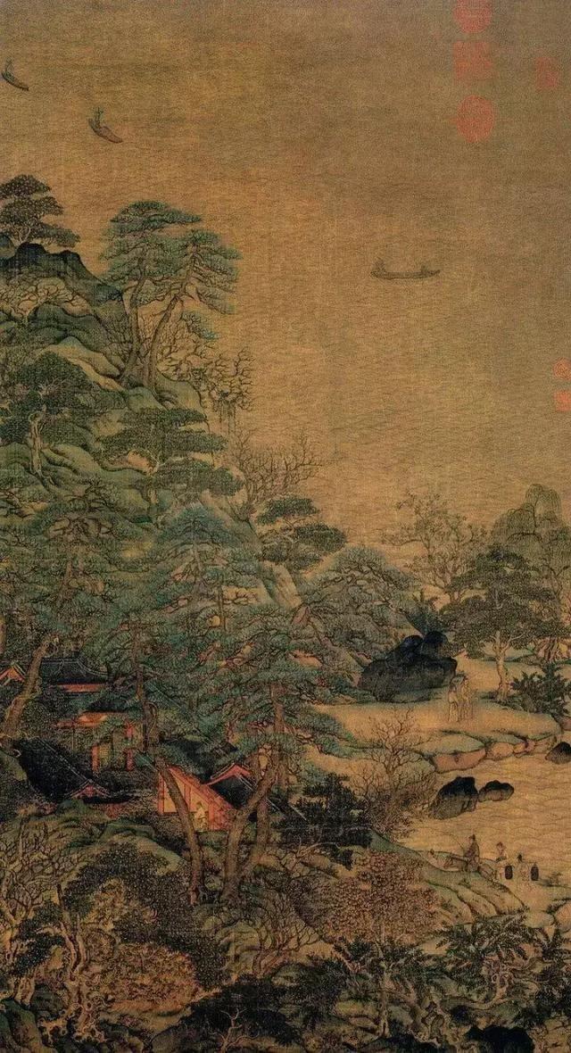 李思训《江帆楼阁图》，绢本，纵101．9厘米，横54．7厘米，青绿设色，藏台北故宫博物院