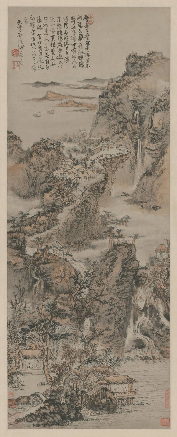 清-髡残《层岩叠壑图》，纸本，设色，纵169cm，横41.5cm。现藏于北京故宫博物院