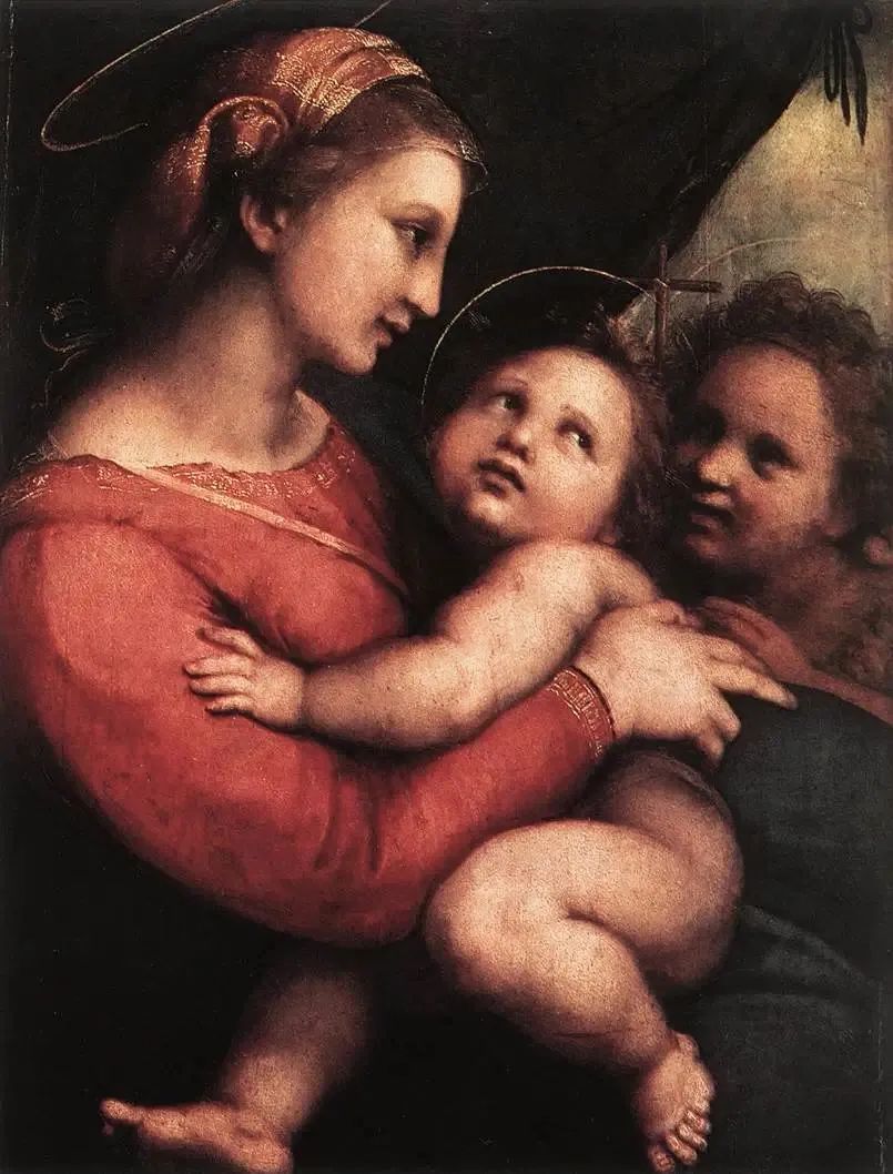 拉斐尔《帐幕中的圣母》（Madonna della Tenda）  板上油画，1514年，65.8cm × 51.2cm  现藏于慕尼黑老绘画陈列馆