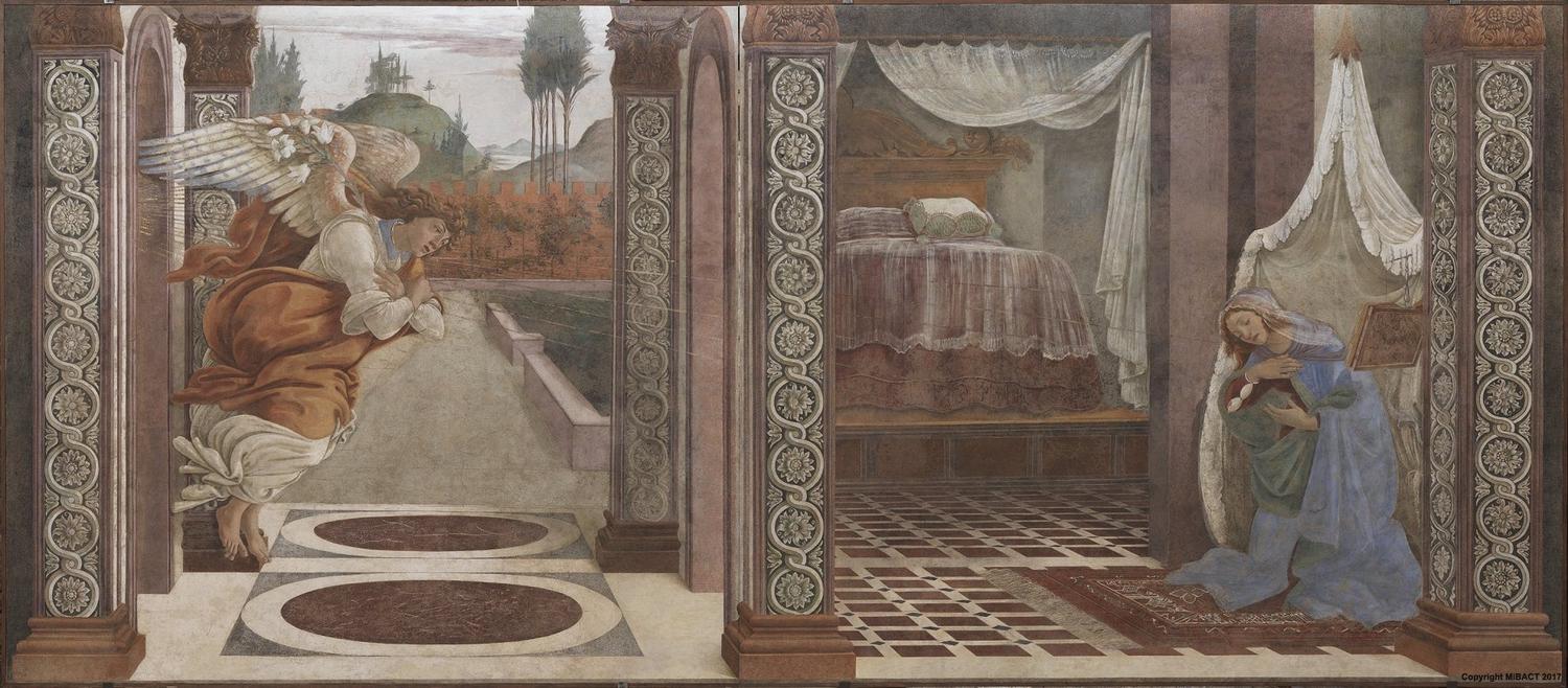 波提切利《天使报喜——斯卡拉的圣马丁医院》  1481年  243cm×555cm  乌菲兹美术馆